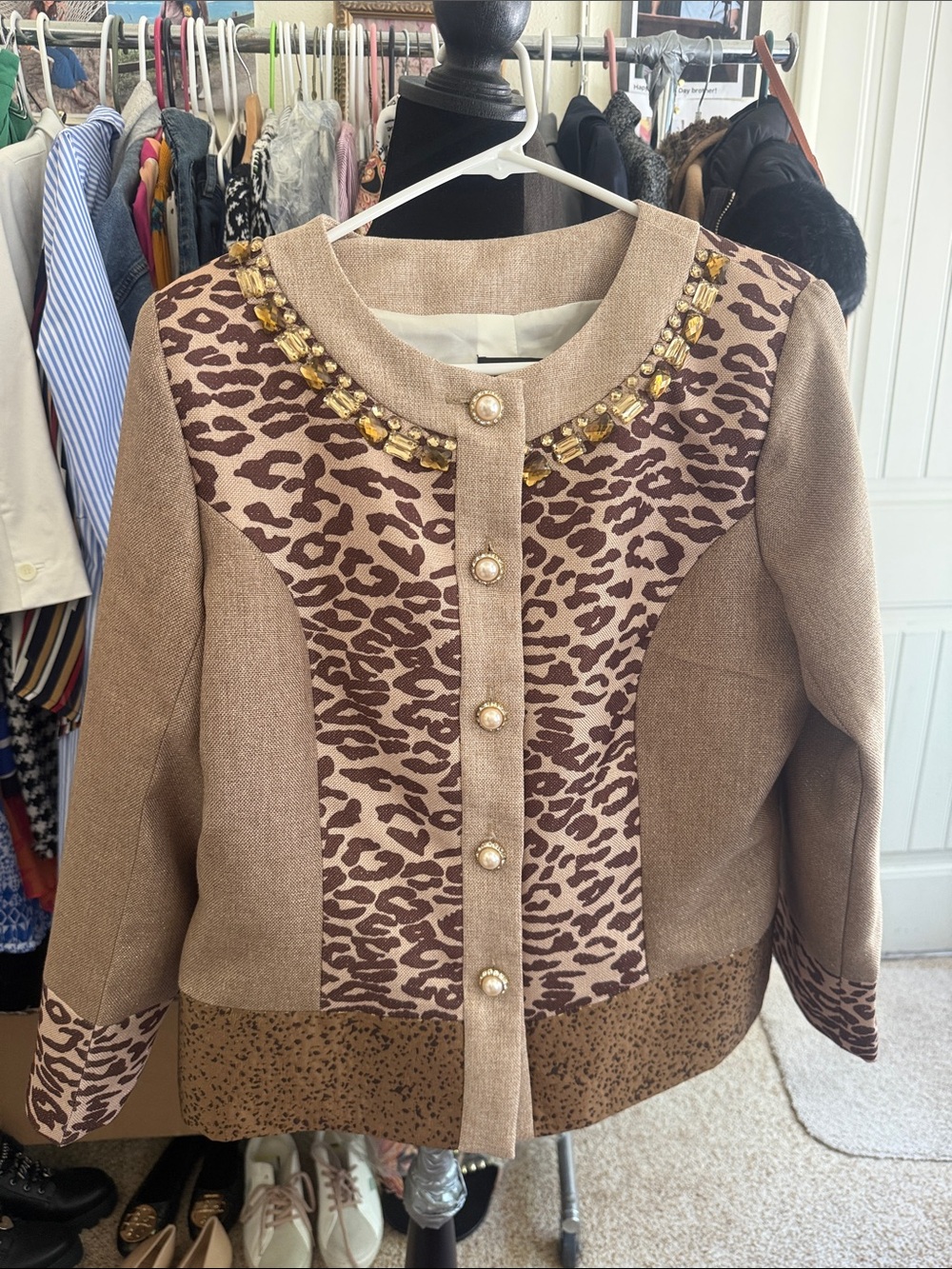 Bejeweled Leopard-Panel Tan Women's Blazer